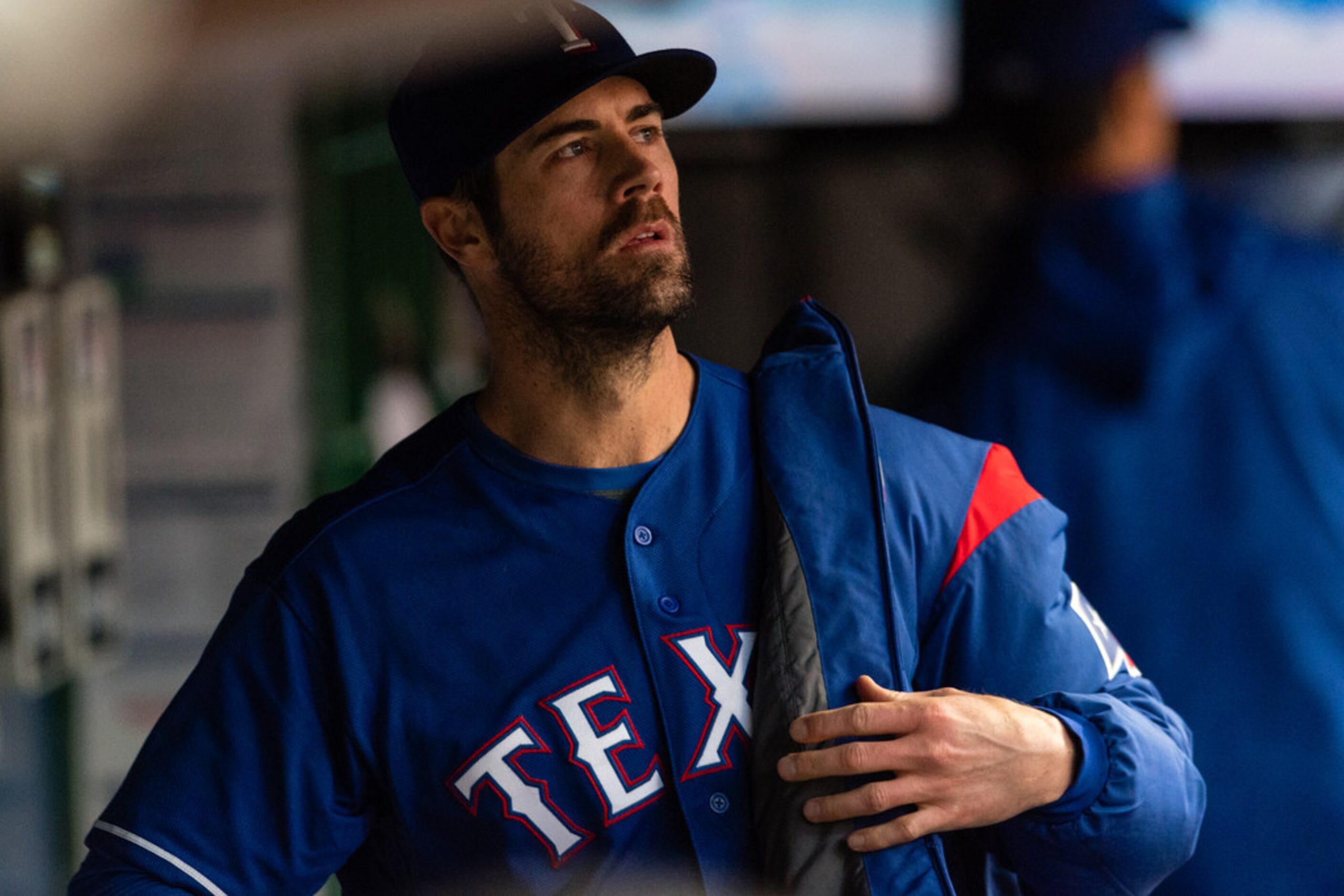 CLEVELAND, OH - APRIL 30: Starting pitcher Cole Hamels #35 of the Texas Rangers checks the...