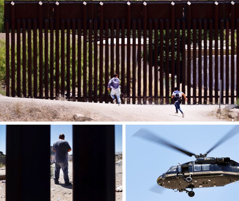 A pair of migrant children race back to the end of the border wall, to cross back into...