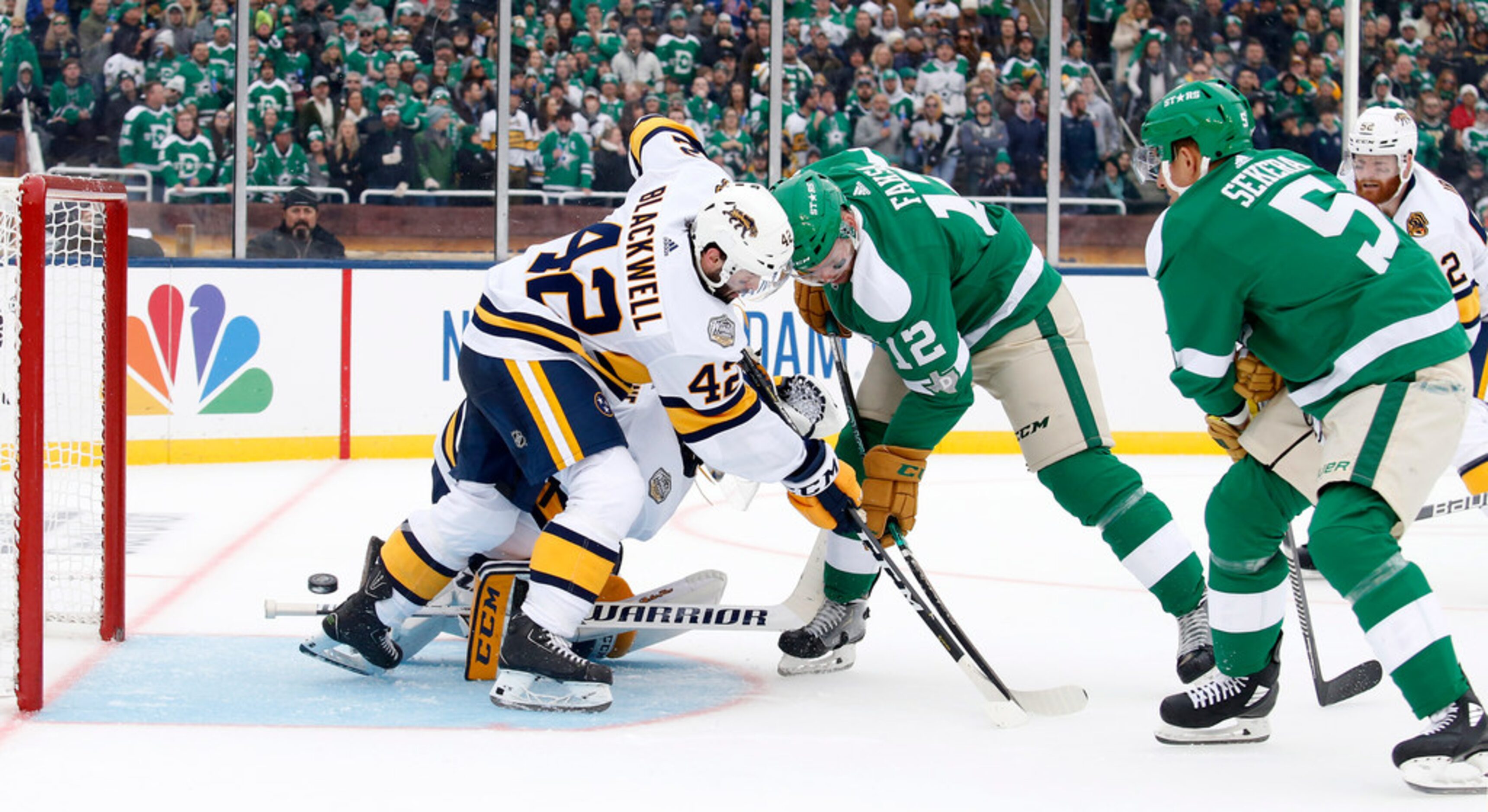 Dallas Stars defenseman Andrej Sekera (5) sticks a shot past Nashville Predators goaltender...