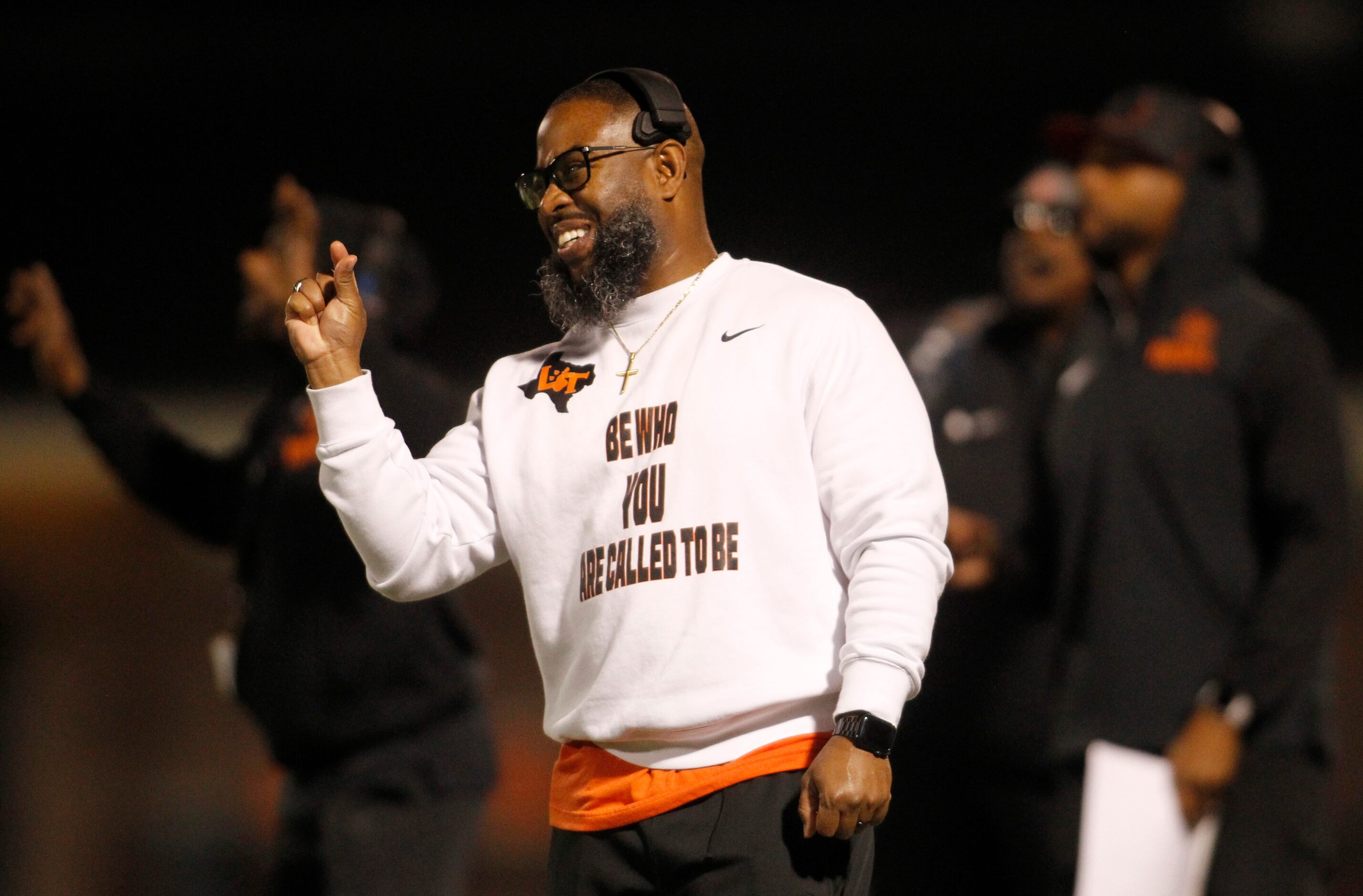 Lancaster head coach Leon Paul reacts following a reception on an offensive drive during...