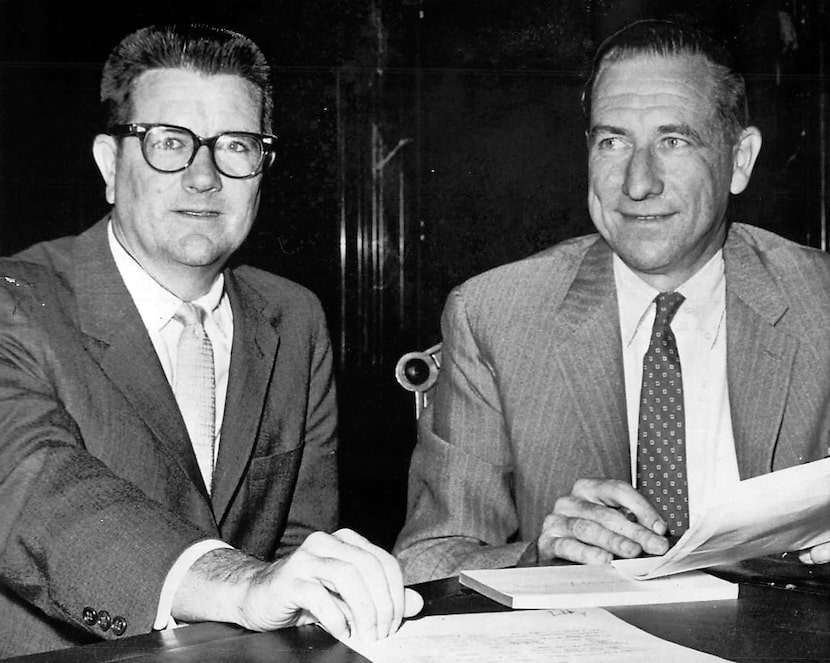 Clint Murchison Jr. (left) and his brother John Murchison smiled after a 1961 meeting of the...