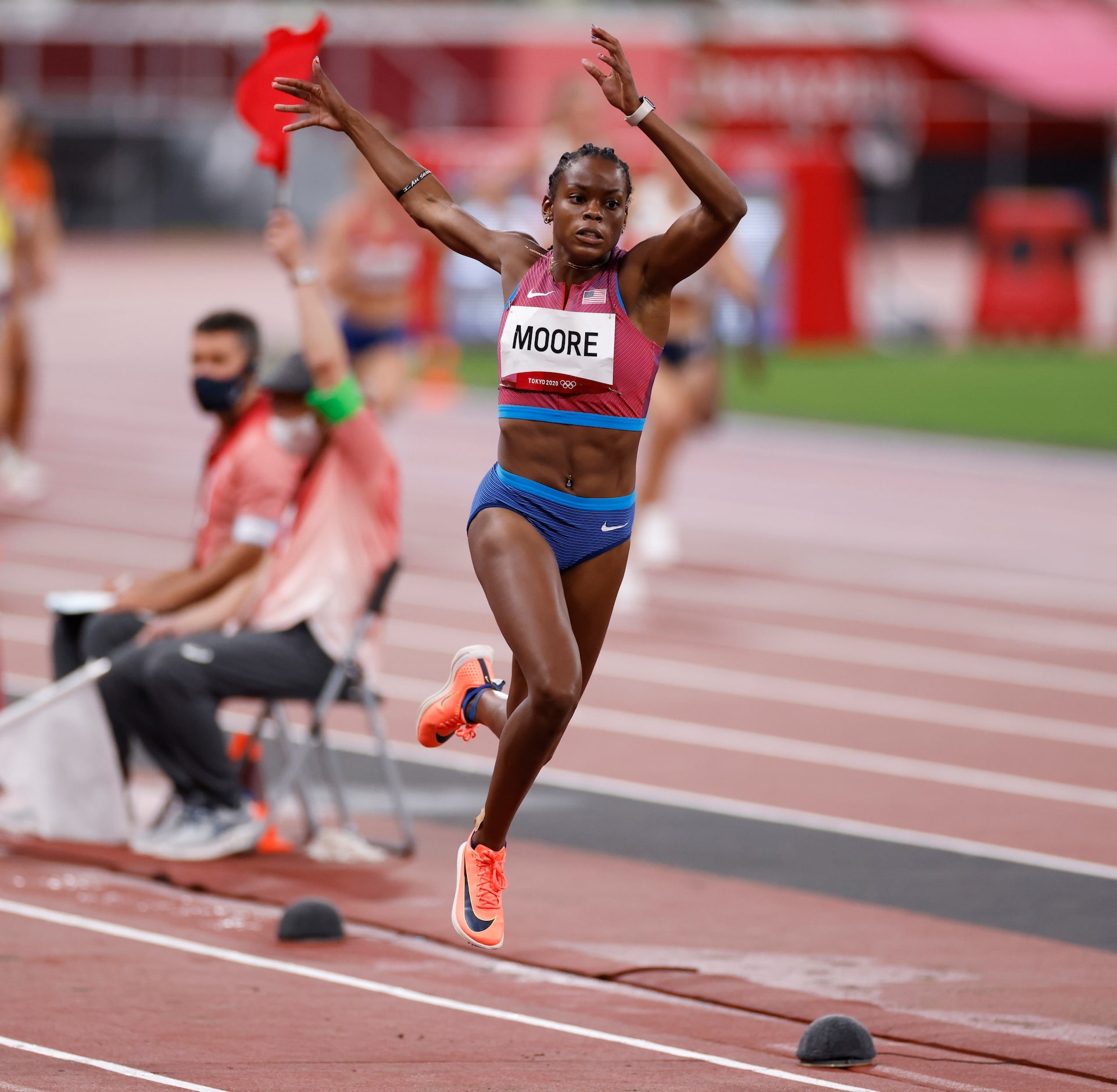 USA’s Jasmine Moore gets a foul called on a triple jump attempt  in the women’s triple jump...