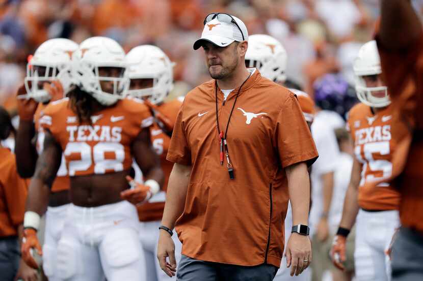 Texas head coach Tom Herman before an NCAA college football game against TCU, Saturday,...
