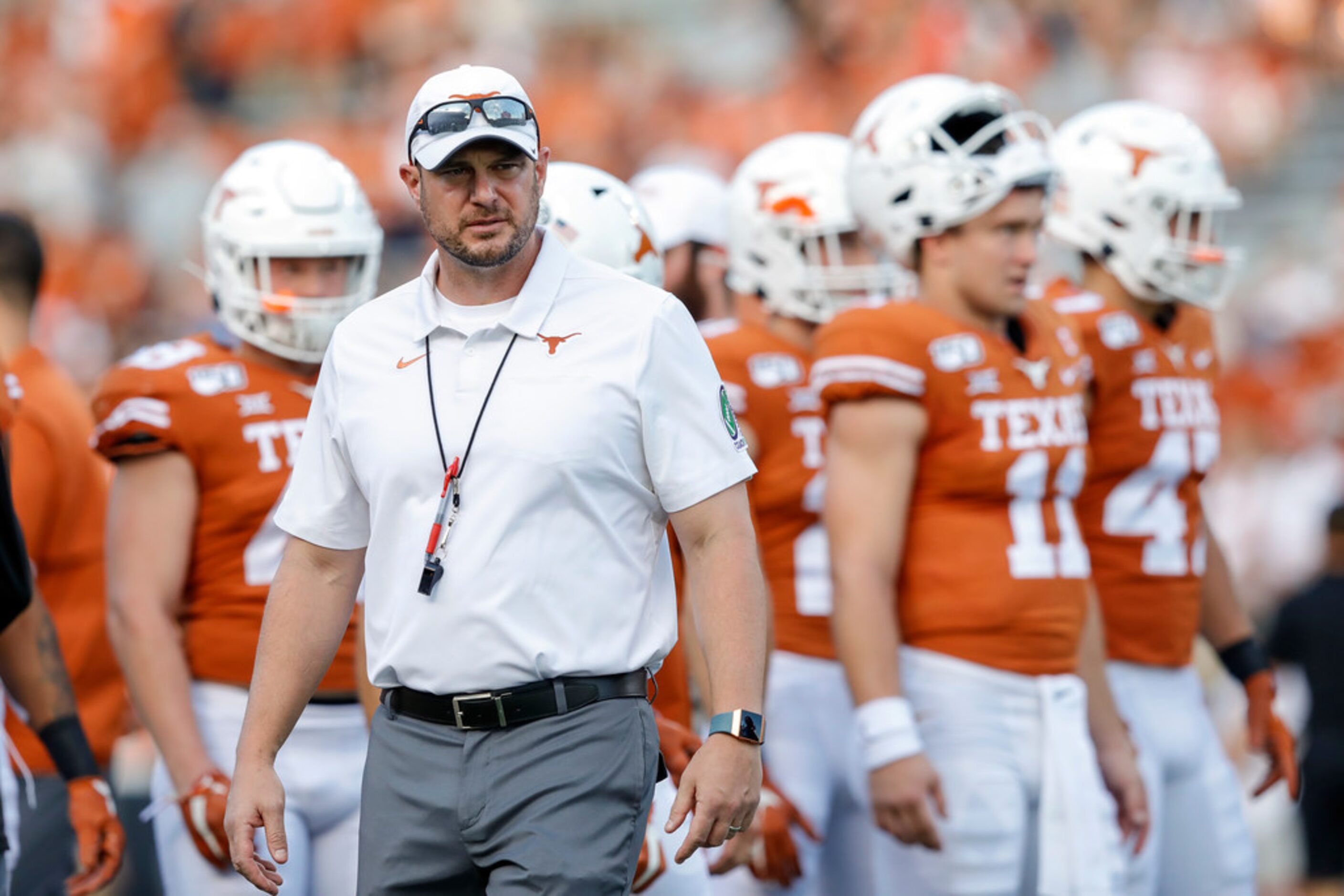 AUSTIN, TX - SEPTEMBER 21:  Head coach Tom Herman of the Texas Longhorns watches players...