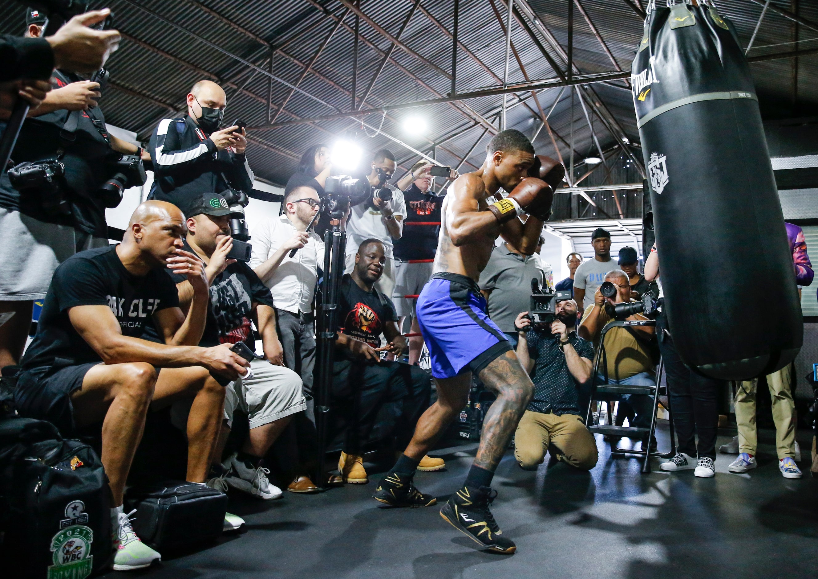 Errol Spence Jr. of Desoto throws punches as he practices during a media workout on...