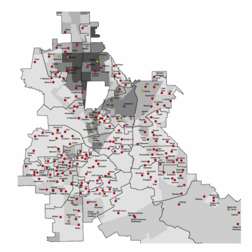 En este mapa presentado ante el Cabildo, los puntos rojos representan las escuelas en las...
