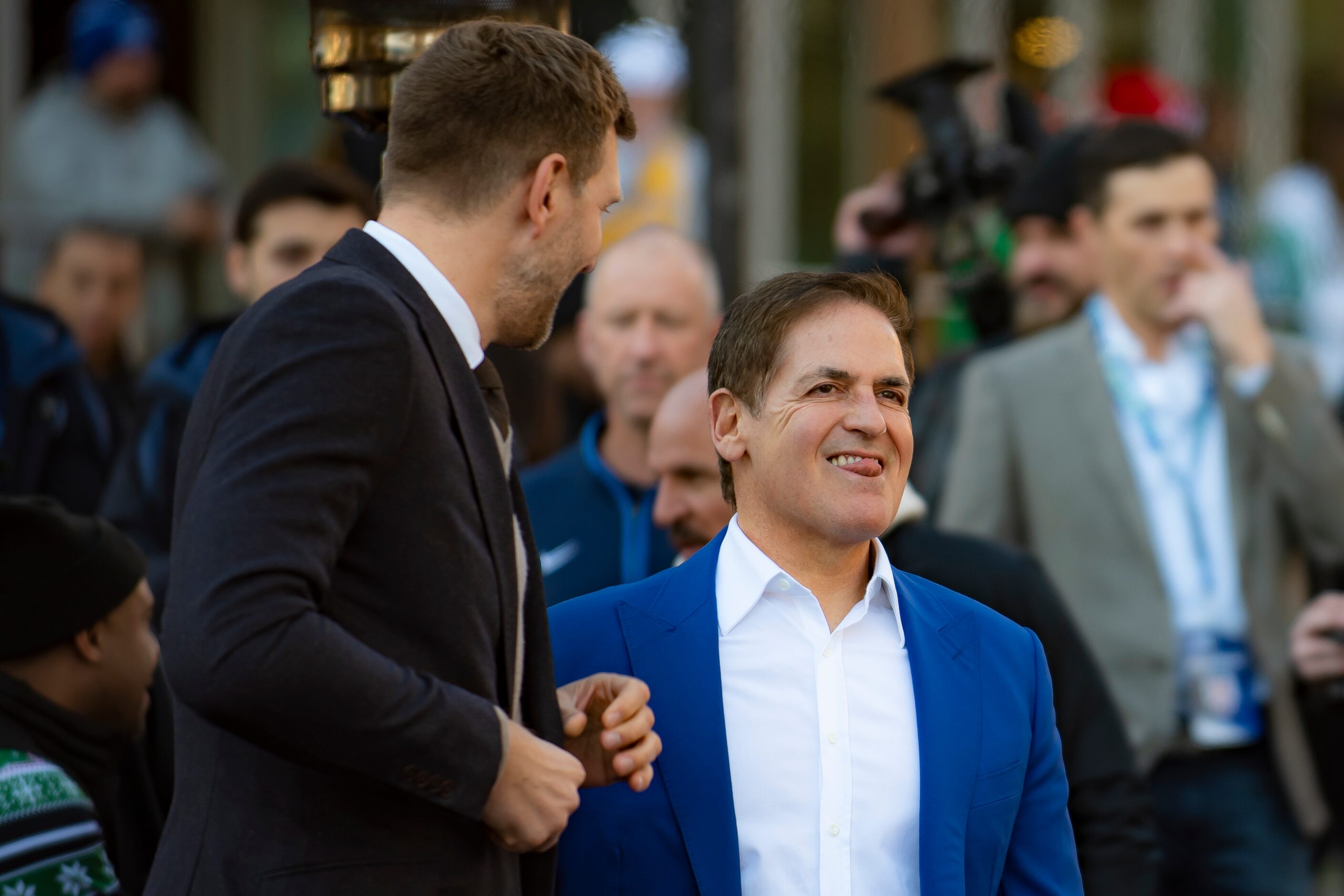 Dallas Mavericks owner Mark Cuban smiles as Dirk Nowitzki's statue is unveiled during the...