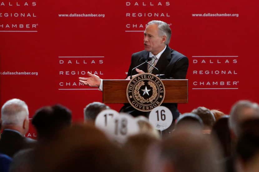 Texas Gov. Greg Abbott gives a State of the State address during a Dallas Regional Chamber...