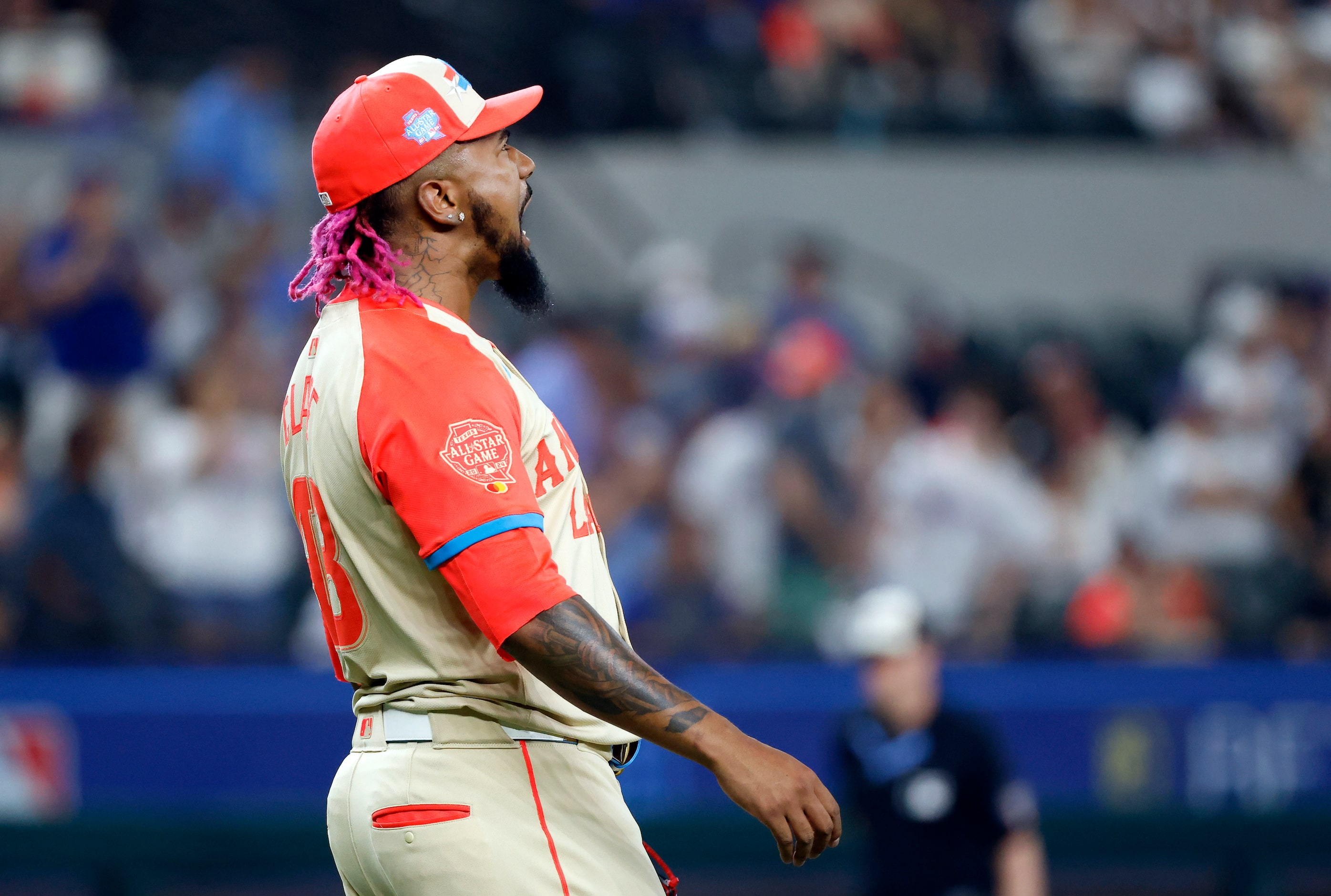 American League closer Emmanuel Clase, of the Cleveland Guardians, yells after getting the...