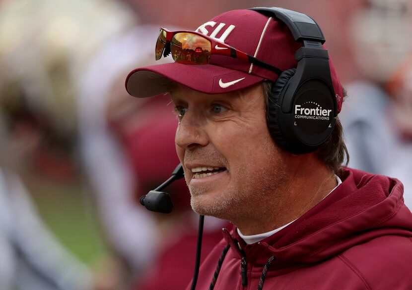 CLEMSON, SC - NOVEMBER 11:  Head coach Jimbo Fisher of the Florida State Seminoles reacts on...