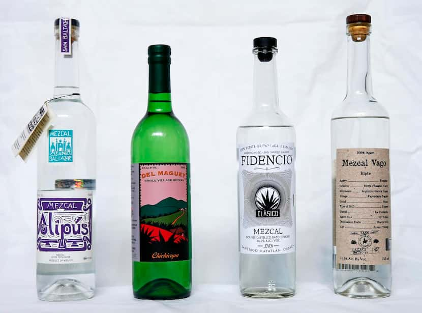 Different brands of mezcal: Fidencio Clasico Mezcal, Alipus San Baltazar Mezcal, Del Maguey...