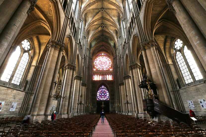 A view of the naive and vaulting of the medieval Notre Dame de Reims Cathedral on April 17,...