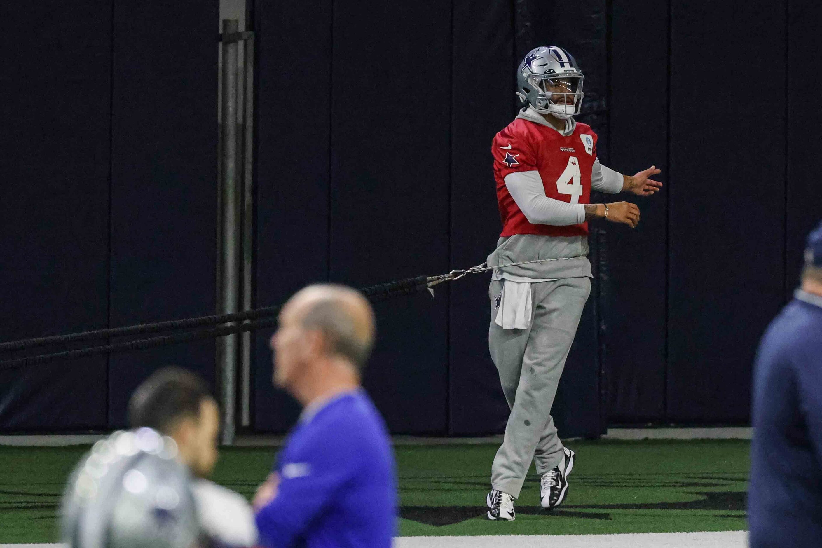 Cowboys' quarterback Dak Prescott #4 during practice at the Ford Center in Frisco on...