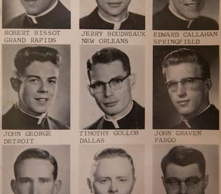 A photograph of Father Tim's graduating class in Rome hangs in the garage apartment he rents...