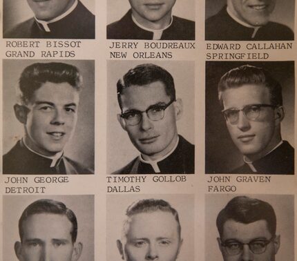 A photograph of Father Tim's graduating class in Rome hangs in the garage apartment he rents...