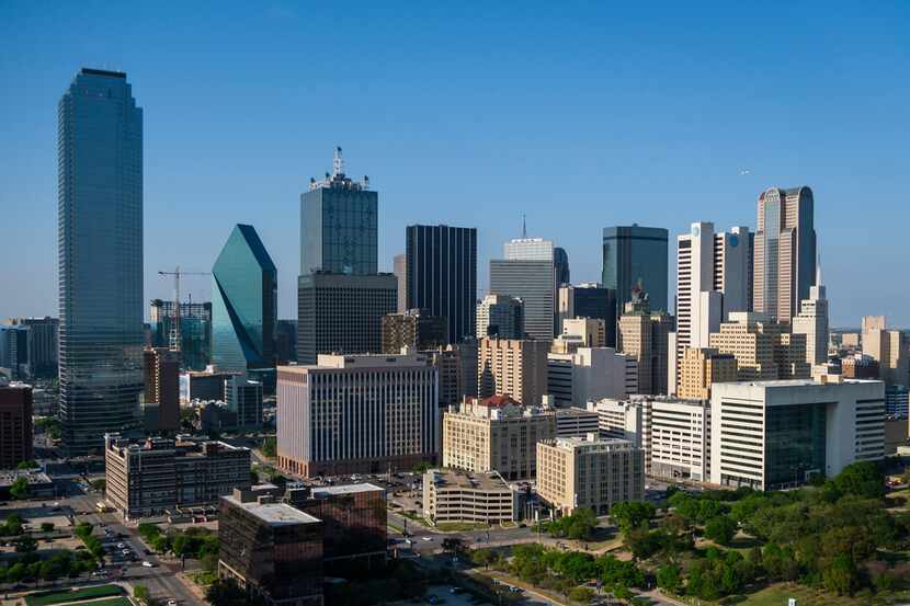 Aerial view of the downtown skyline on Thursday, April 4, 2019, in Dallas. 