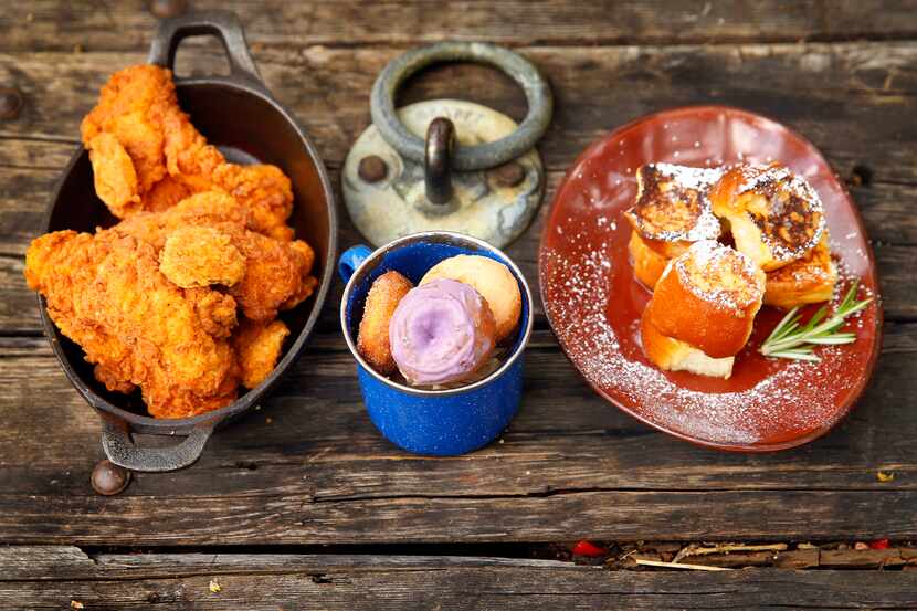 (from left) Nashville-style spicy fried chicken, daily donuts and baby fried toast (hand-cut...