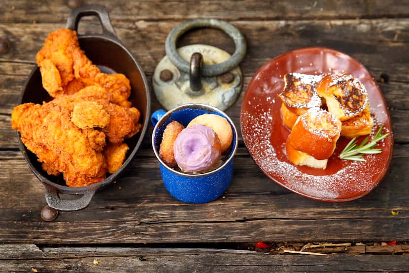 (from left) Nashville-style spicy fried chicken, daily donuts and baby fried toast (hand-cut...
