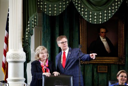 Sen. Jane Nelson, R-Flower Mound, listens to Lt. Gov. Dan Patrick during the 86th...