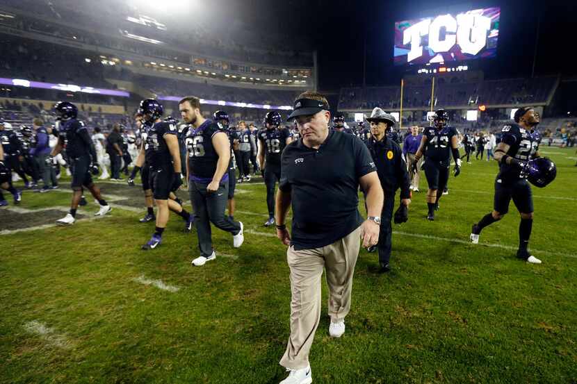 TCU Horned Frogs head coach Gary Patterson walks off the field after losing to the West...