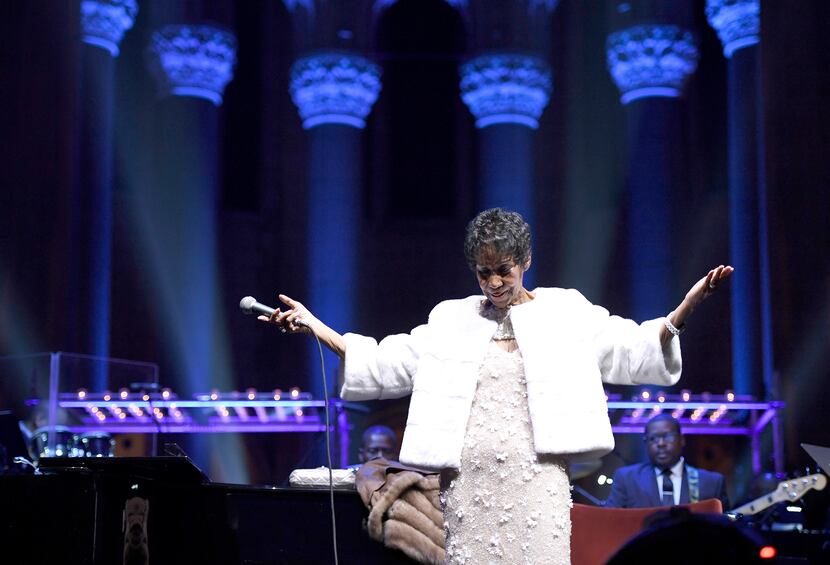 Aretha Franklin performs onstage at the Elton John AIDS Foundation concert gala at Cathedral...