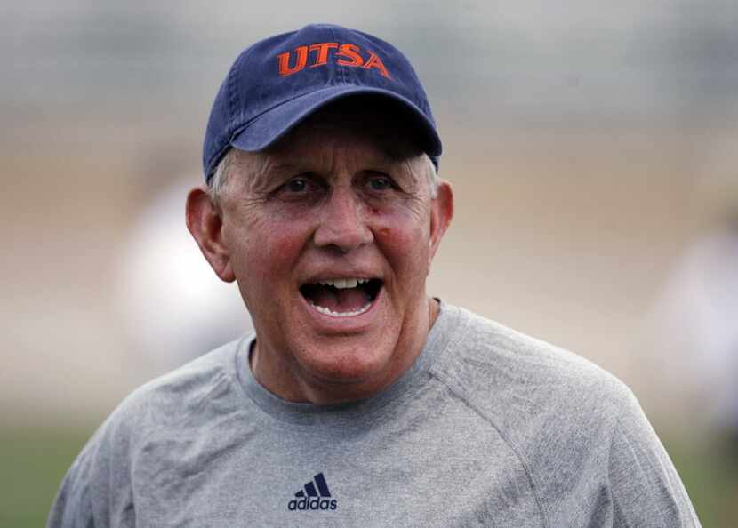 In this photo taken Aug. 7, 2011, Texas-San Antonio coach Larry Coker during the team's...