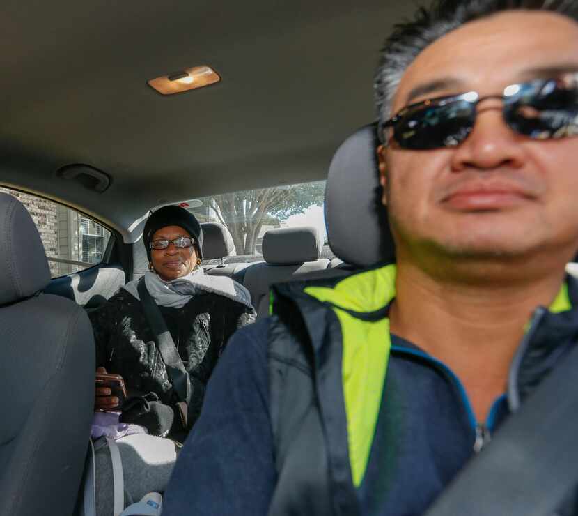 Lyft driver Chuck Wong picks up DART customer Silvia Morris from her Plano home to visit a...