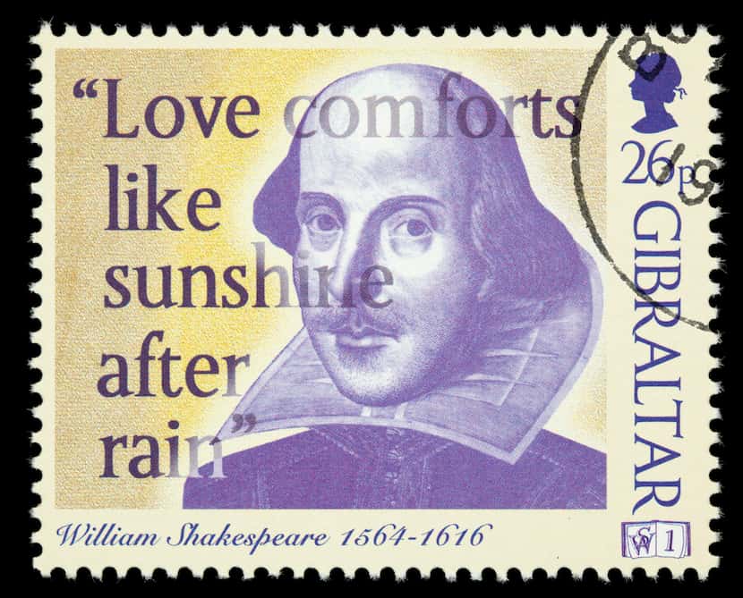 A 1998 Gibraltar postage stamp with an illustration of William Shakespeare, part of its...