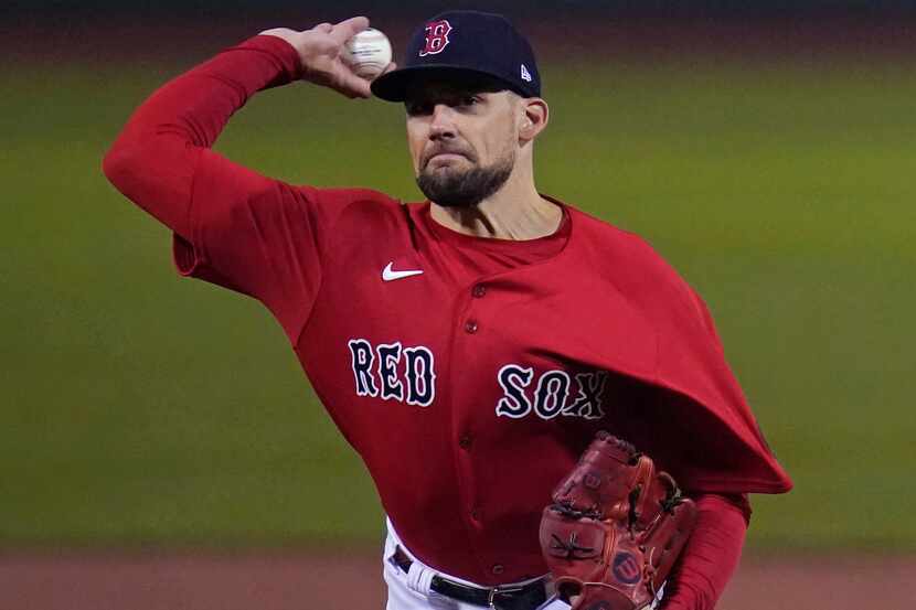 Boston Red Sox starting pitcher Nathan Eovaldi delivers during the first inning of the...