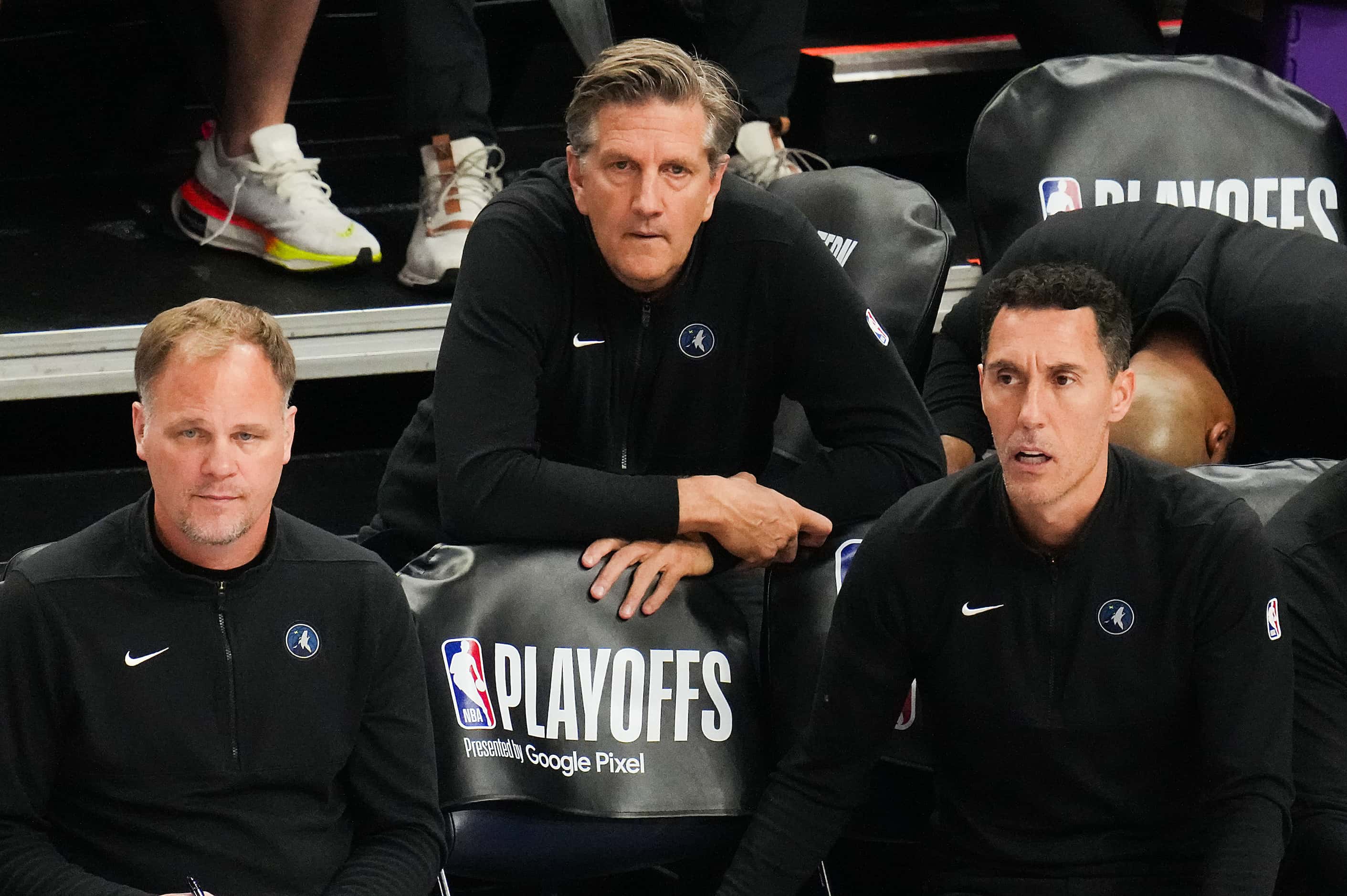 Minnesota Timberwolves head coach Chris Finch looks on from the bench during the first half...