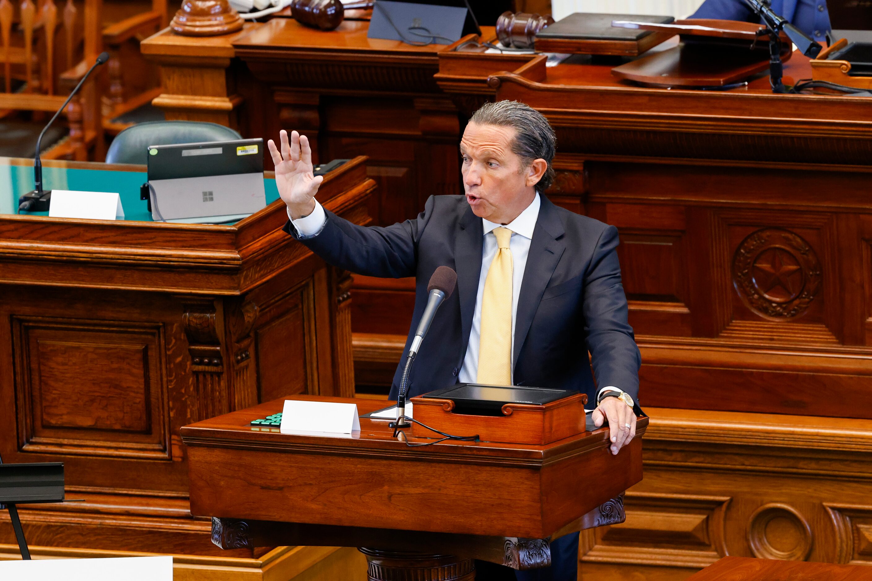 Attorney Tony Buzbee (left) delivers opening statements for the defense during the first day...