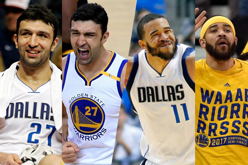 Zaza Pachulia (two left photos) and JaVale McGee as members of the Dallas Mavericks and...