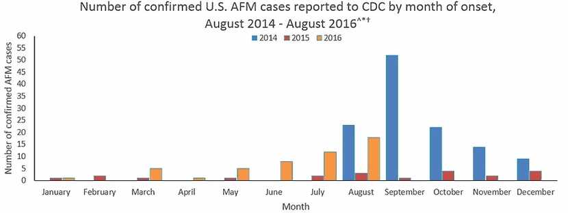 Chart showing the number of U.S. reports in 2016 of acute flaccid myelitis, a mysterious...