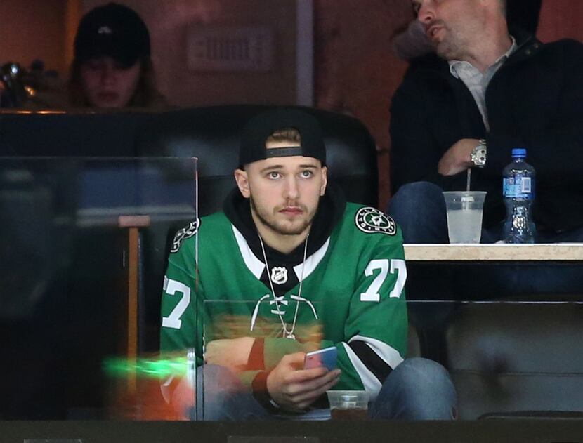 The Mavericks' Luka Doncic watched the Stars play the Los Angeles Kings in the second period...