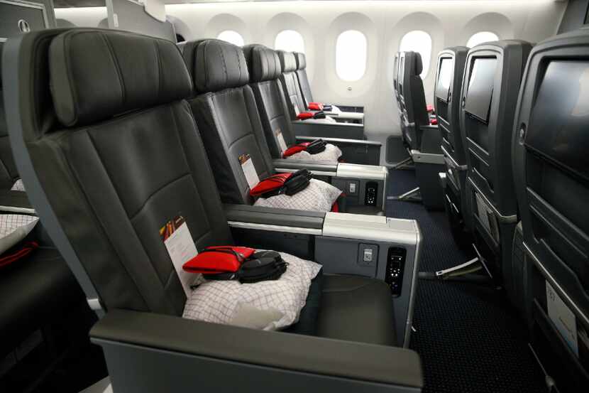 This is the interior of the premium economy cabin seating in the American Airlines 787-9...