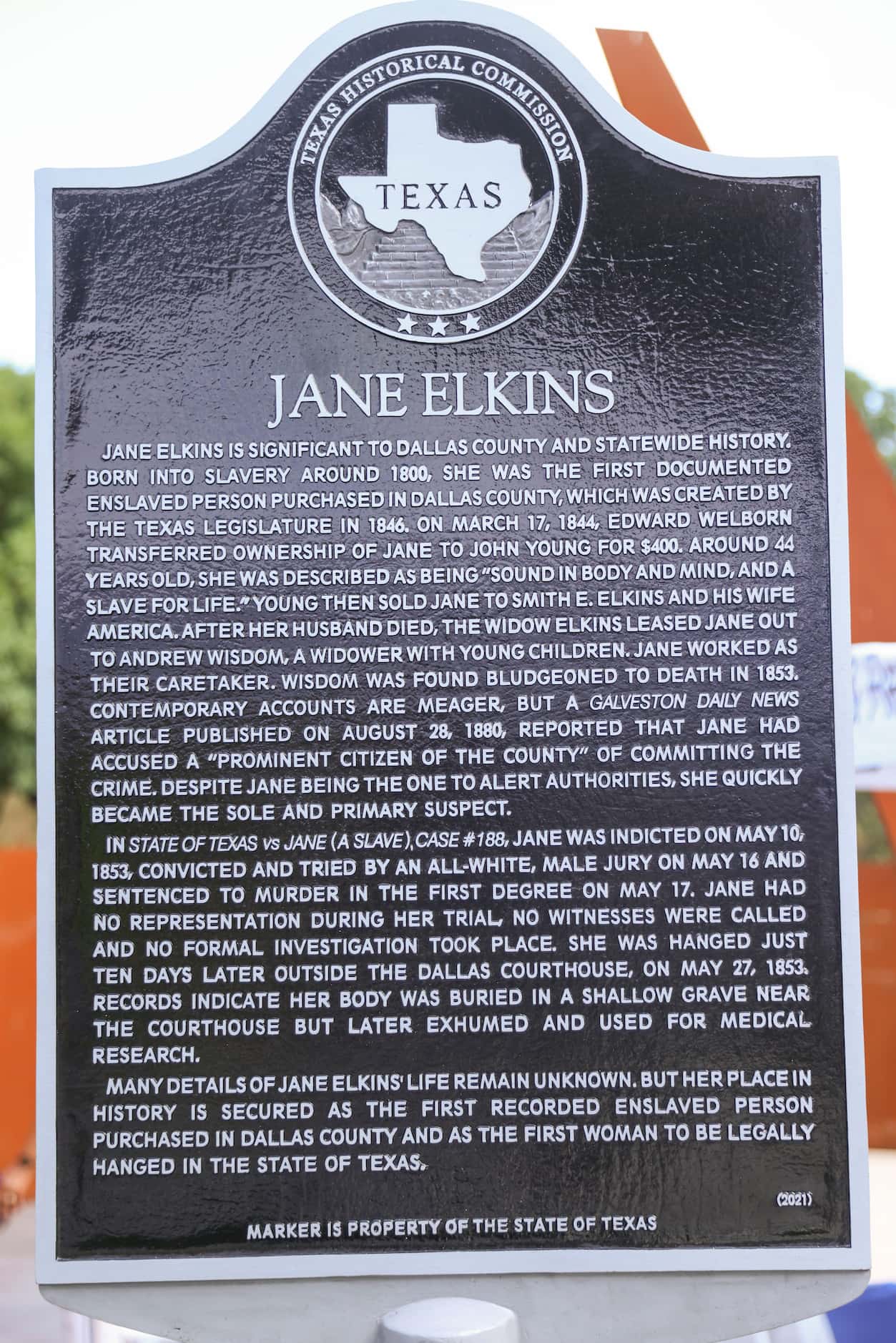 One historical marker was dedicated to Jane Elkins, who was the first documented enslaved...