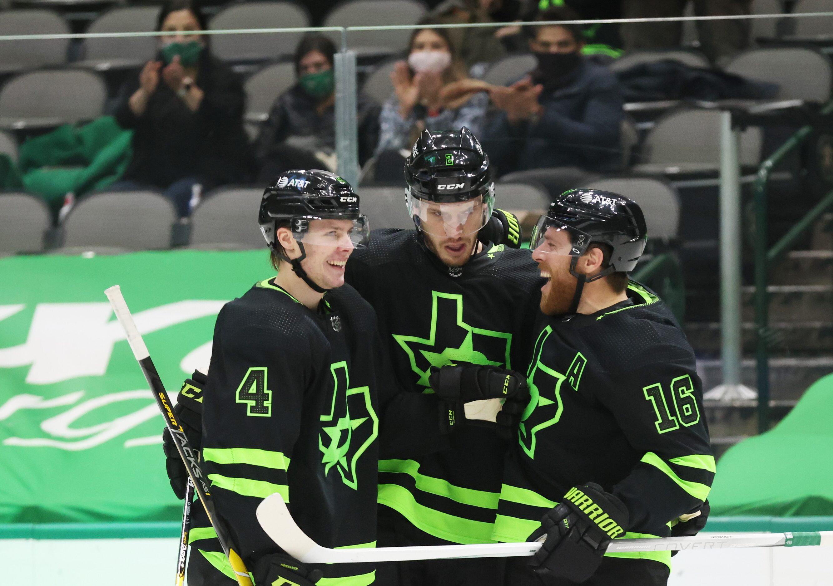 Dallas Stars defenseman Miro Heiskanen (4) and Dallas Stars center Joe Pavelski (16)...