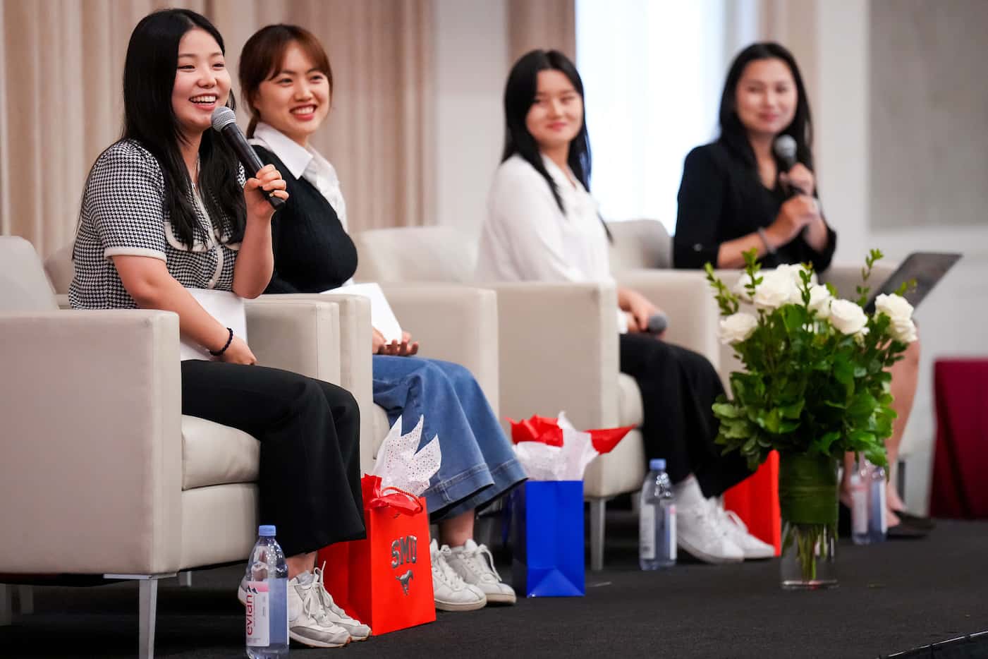 North Korean refugees (from left)  Bella  Ha, Grace Kang and Lily Jo take questions from the...
