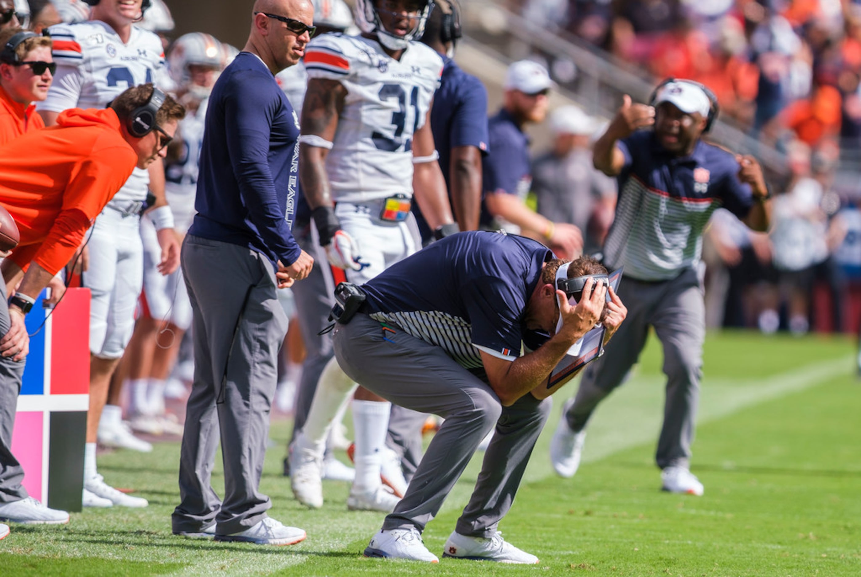 Auburn head coach Gus Malzahn reacts after a missed Tigers pass play during the second...