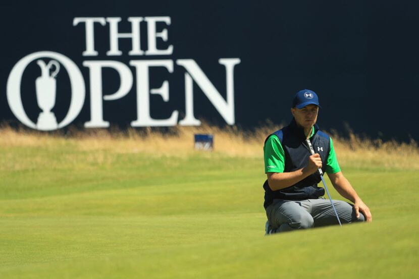 TROON, SCOTLAND - JULY 14:  Jordan Spieth of the United States lines up a putt on the 18th...