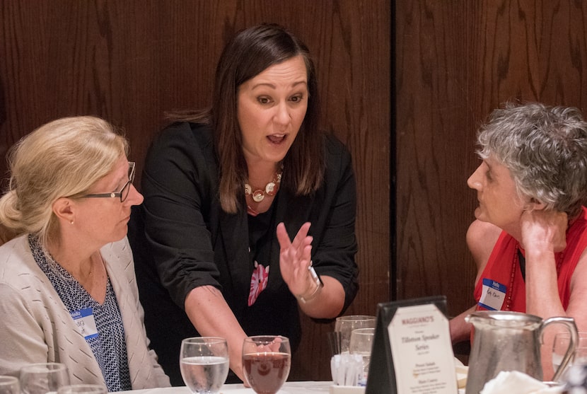 U.S. Senate candidate MJ Hegar speaks with attendees at the Dallas County Democratic Party...