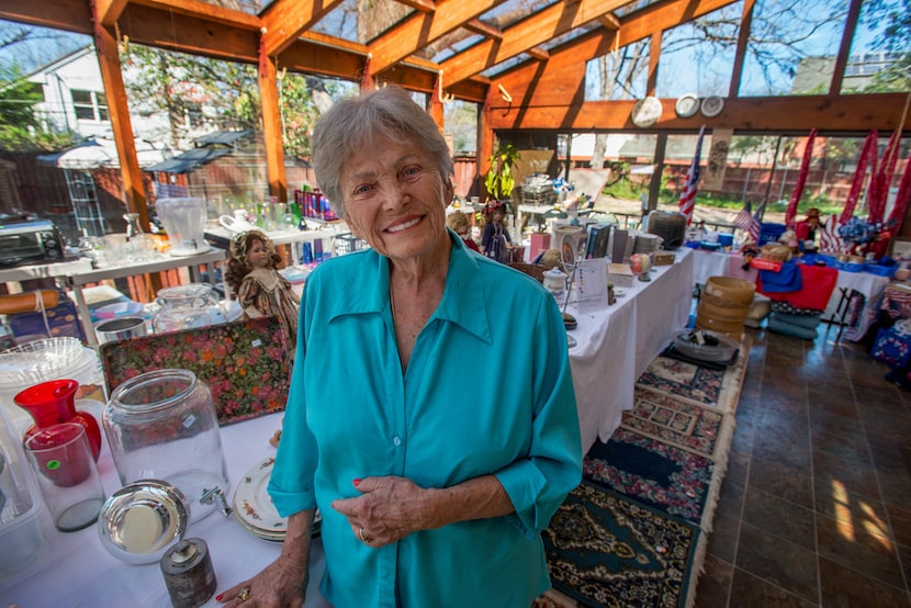 Harryette Ehrhardt on the sun porch of her home on Swiss Avenue.