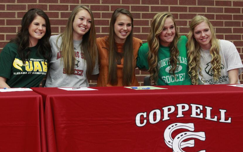 Coppell soccer players Kasey Johnson, (UAB), Jessica Burdan (Arkansas State), Lindsey Meyer...
