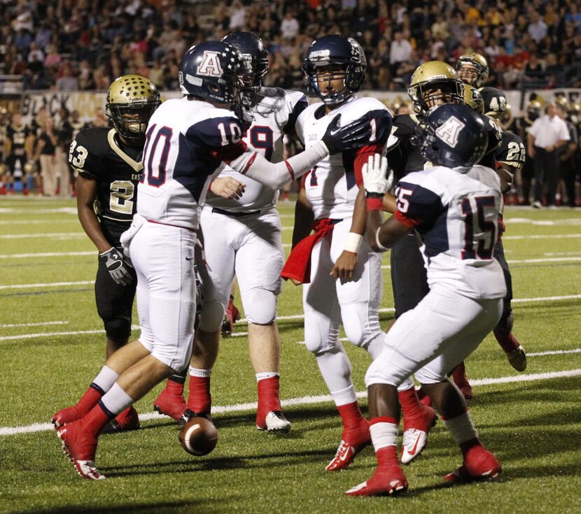 Allen quarterback Kyler Murray (1)  celebrates his rushing touchdown against Plano East...