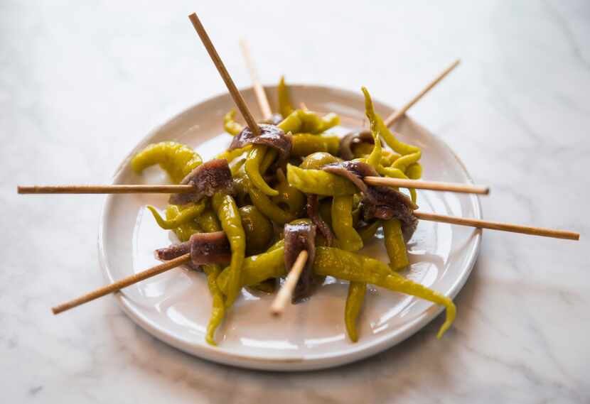 Pinchos at Sketches of Spain included "gilda," or skewers of anchovy, olive and Basque peppers.