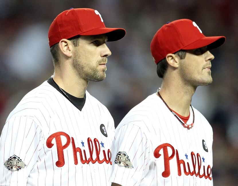 PHOENIX, AZ - JULY 12: National League All-Stars Cliff Lee #33 and Cole Hamels #35 of the...