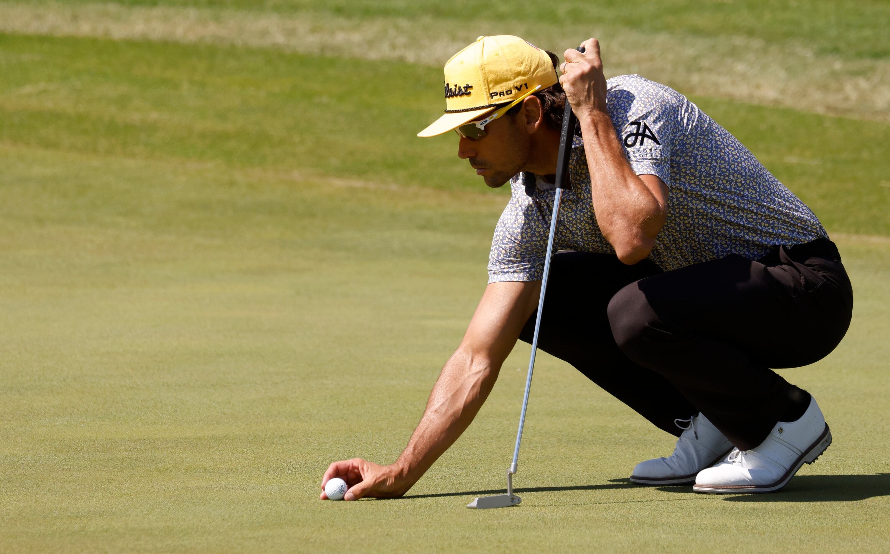 Rafa Cabrera Bello prepares to putt on the 7th hole during round 1 of the AT&T Byron Nelson ...