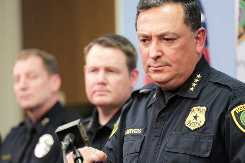Houston Police Chief Art Acevedo talks to the media during a press conference at the police...