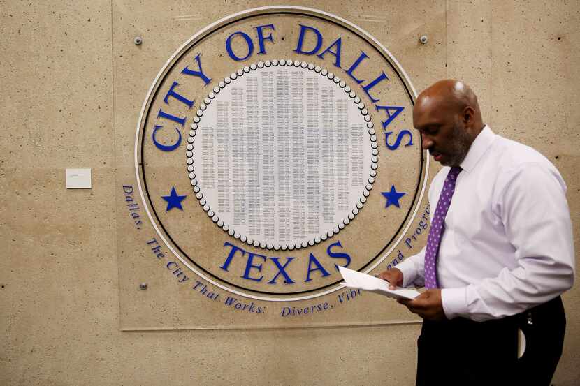 Dallas city manager T.C. Broadnax returns to his office in Dallas city hall in downtown...