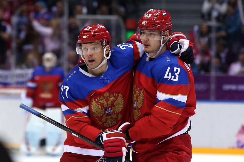 SOCHI, RUSSIA - FEBRUARY 13:  Valeri Nichushkin #43 of Russia celebrates with Alexei...